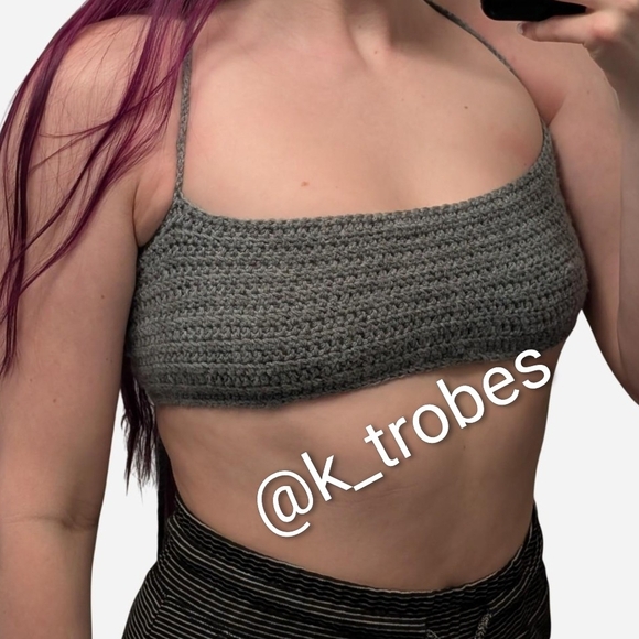 Handmade Tops - Gray Crochet Crop Tank Top Bralette Adjustable Spaghetti Straps